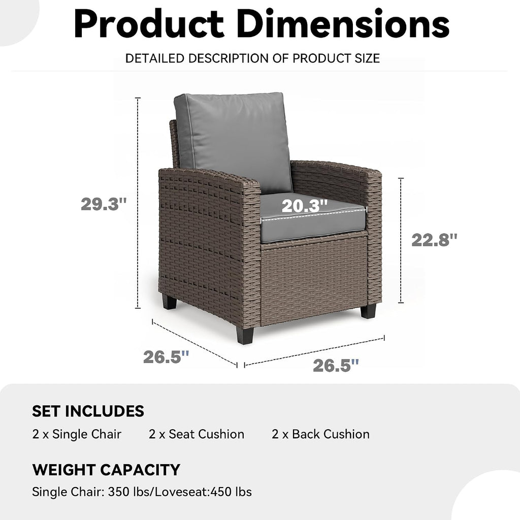 BUPPLEE 2 Pieces Patio Furniture Set, Outdoor Wicker Chairs Set of 2, All Weather High Back Rattan Chairs, Seating Club Chair Porch Chairs Set with Cushions for Balcony Porch Deck, Gray