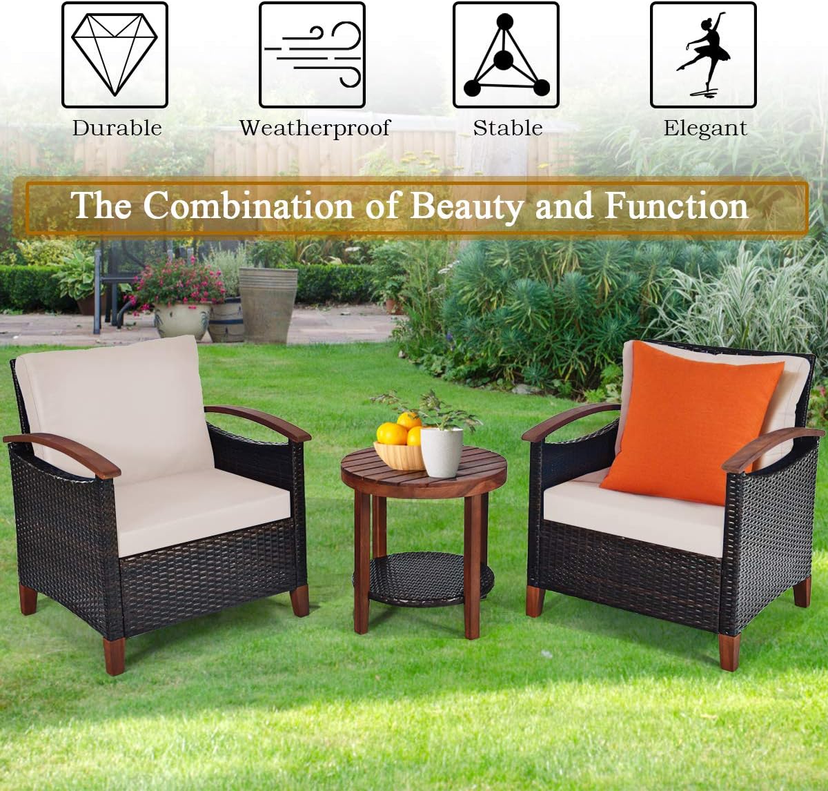 Tangkula 3 Pieces Patio Furniture Set, Outdoor Rattan Sofa and Side Table w/Solid Acacia Wood Frame, High Load Bearing Conversation Bistro Set w/Washable and Removable Cushions (Beige)