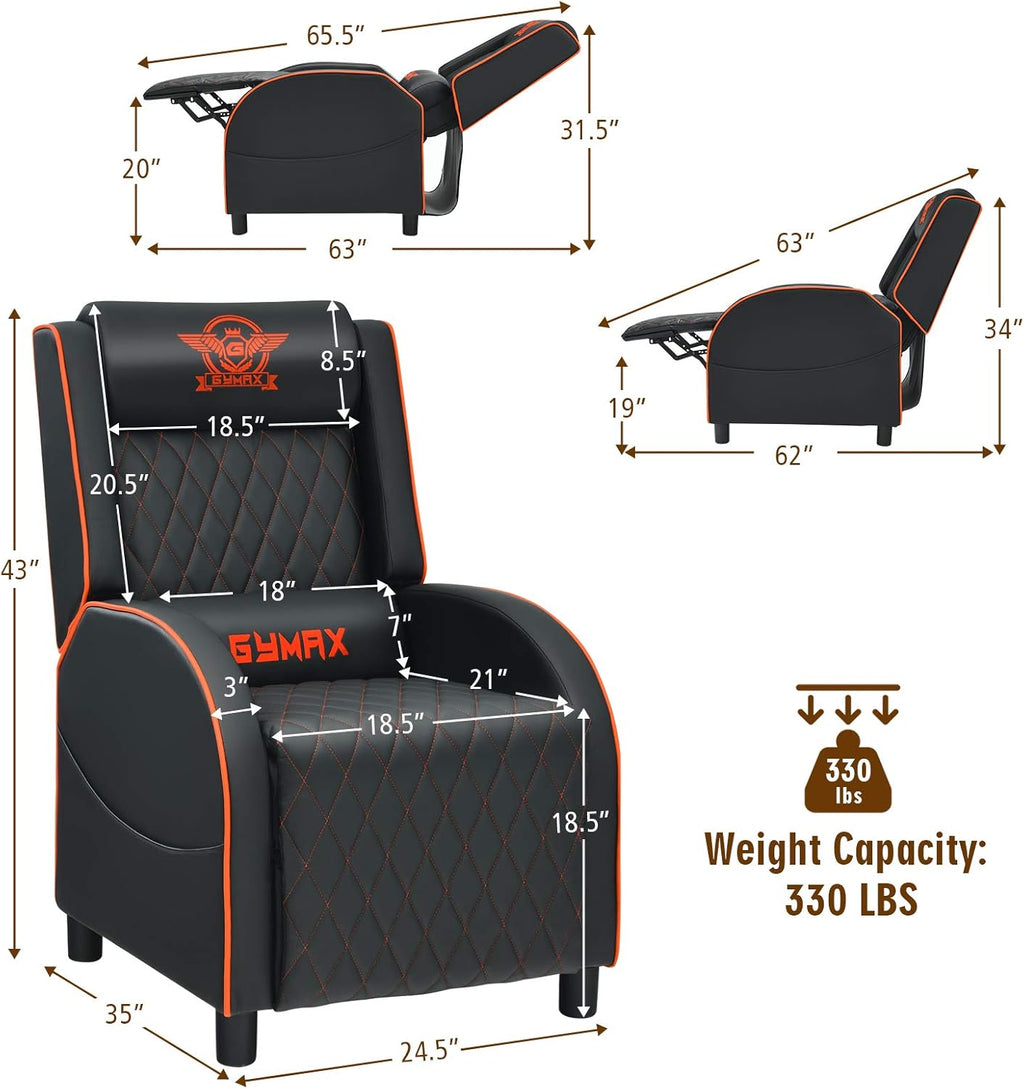 GYMAX Massage Gaming Recliner Chair, Ergonomic Racing Style Single Sofa with Adjustable Headrest, Backrest & Footrest, Home Theater Sofa for Living Room Office (Orange)