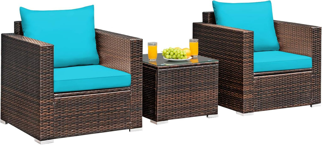 COSTWAY 3-Piece Patio Furniture Set, Outdoor Wicker Rattan Sofa with Cushions and Coffee Table with Tempered Glass, Modern Conversation Chair Set for Poolside Backyard Balcony Lawn (Turquoise)