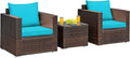 COSTWAY 3-Piece Patio Furniture Set, Outdoor Wicker Rattan Sofa with Cushions and Coffee Table with Tempered Glass, Modern Conversation Chair Set for Poolside Backyard Balcony Lawn (Turquoise)