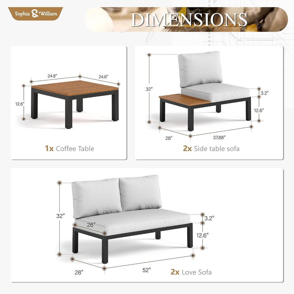 Sophia & William 5 Pieces Outdoor Patio Furniture Set, Metal Sectional Sofa Set Patio Conversation Set with Cushions-2 x Single Sofa with Side Table, 2 x Loveseat, 1 x Tea Table