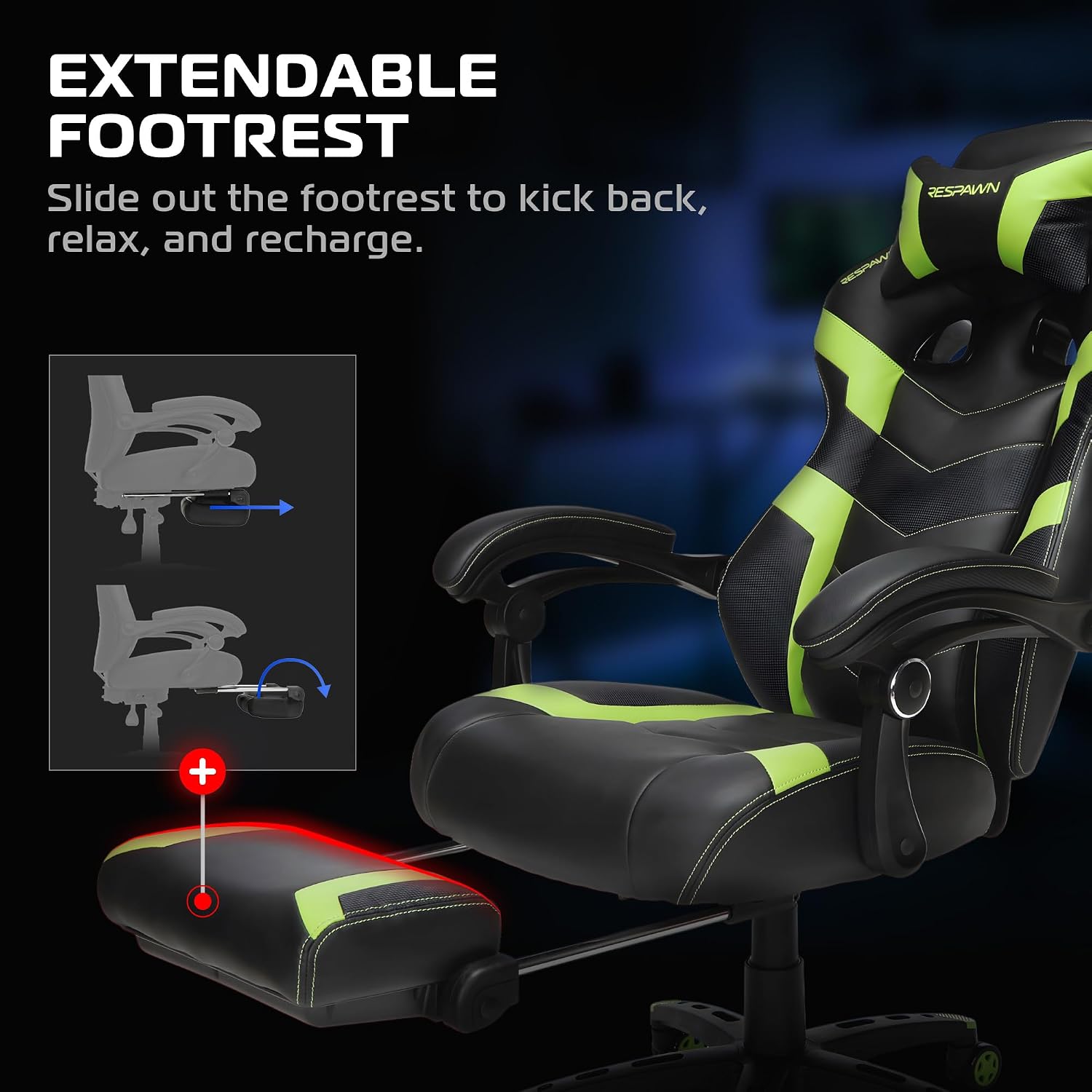 Respawn 110 Pro Ergonomic Gaming Chair with Footrest for Adults - Comfortable Office Gaming Recliner with Lumbar Support and Headrest, Racing Style Video Game Chairs for Computer Gamer - Green