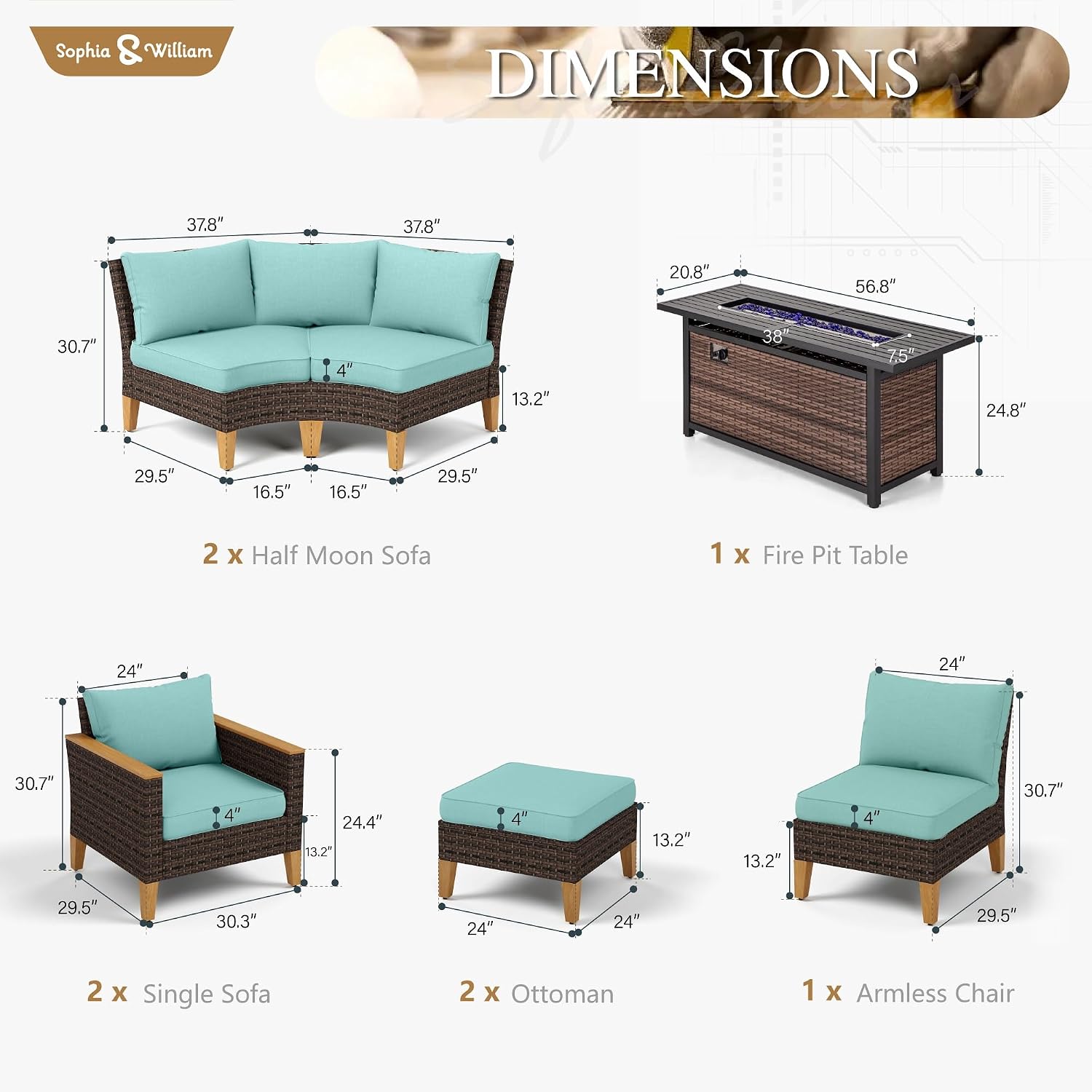 Sophia & William Patio Furniture Set with Fire Pit Table, 10 Piece Half Moon Outdoor Wicker Sectional Sofa Set, Rattan Conversation Set with 56-Inch Fire Pit Table for Backyard, Deck, Pool(Aqua Blue)