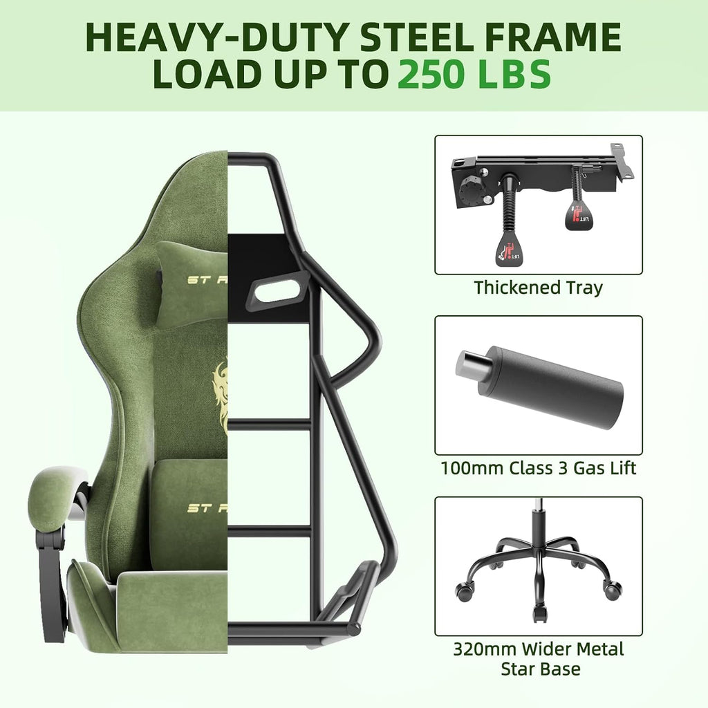 Ferghana Velvet Fabric Gaming Chair, High Back Ergonomic Gamer Chair for Adult, Comfortable Video Game Chair with Footrest and Massage Lumbar Cushion, Racing Reclining Office Computer Desk Chair Green