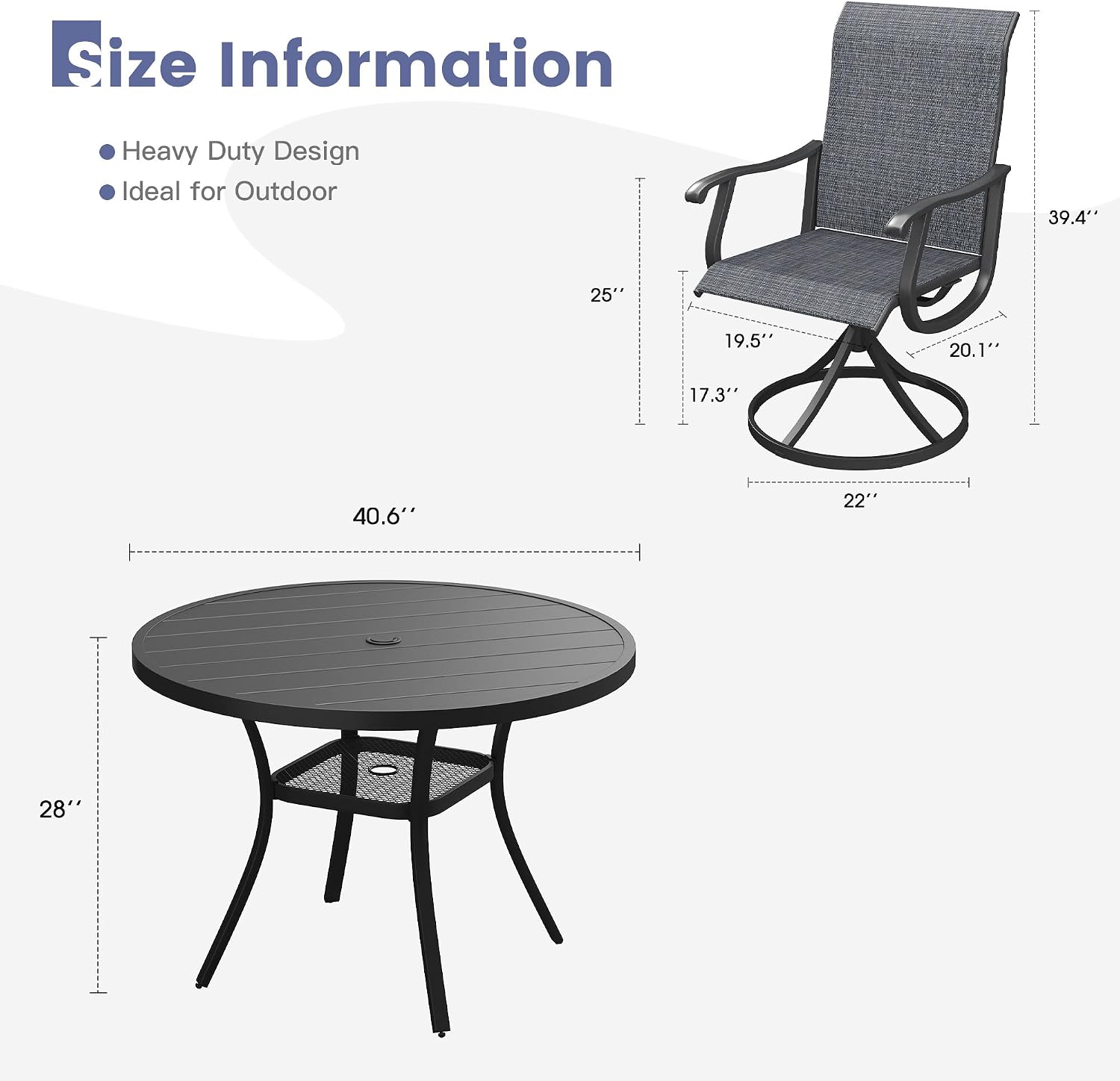 VICLLAX Outdoor Dining Set for 4, Patio Furniture Set of 4 Patio Swivel Dining Chairs and 41' Patio Round Table with Storage Shelf, Dark Charcoal Chairs & Black Tabletop