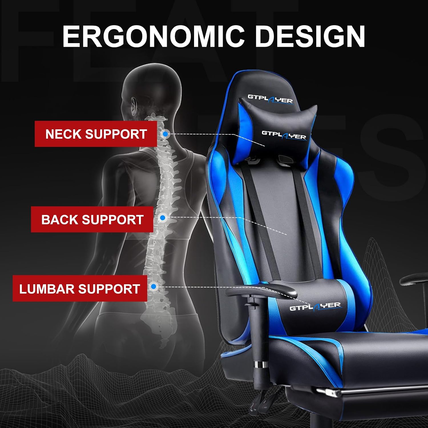GTPLAYER Gaming Chair with Footrest, Ergonomic Computer Game Desk Chair, Recline Gaming Chair Seat Height Adjustment, Swivel Rocker with Headrest and Lumbar (Blue)