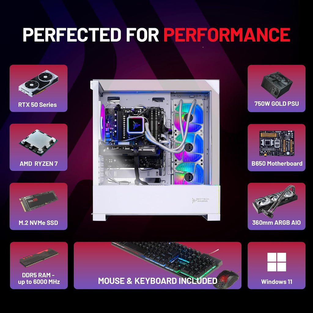 Skytech Gaming Archangel 5 Gaming PC, AMD Ryzen 7 7800X3D 4.2GHz, NVIDIA RTX 5060 Ti 16GB, 1TB NVMe SSD, 32GB DDR5 RAM 6000, 750W Gold PSU, 360 ARGB AIO, Wi-Fi, Win 11, Desktop
