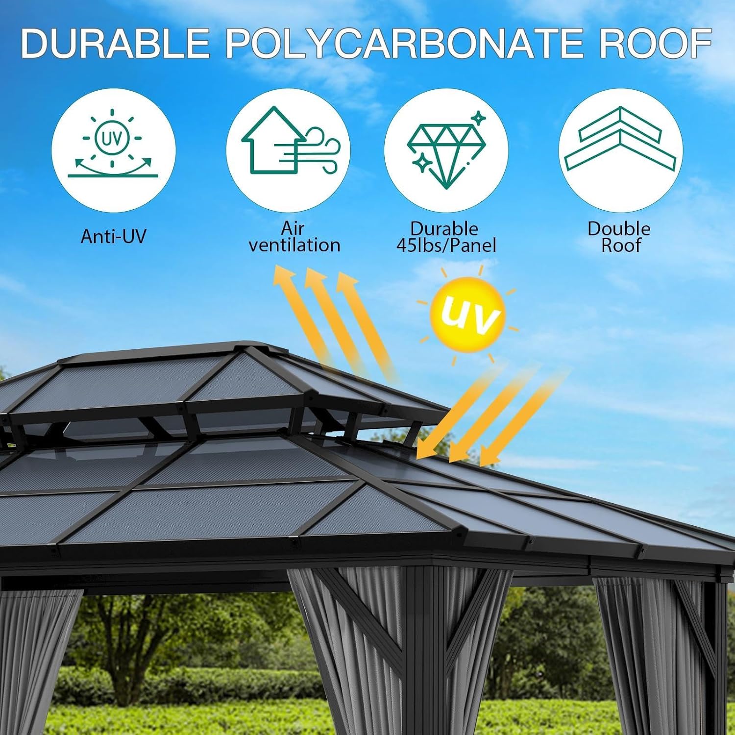 GAOMON 10'x12' Hardtop Gazebo with Polycarbonate Double Roof, Durable Aluminum Frame, Weatherproof & UV Protection for Garden, Patio, Lawn