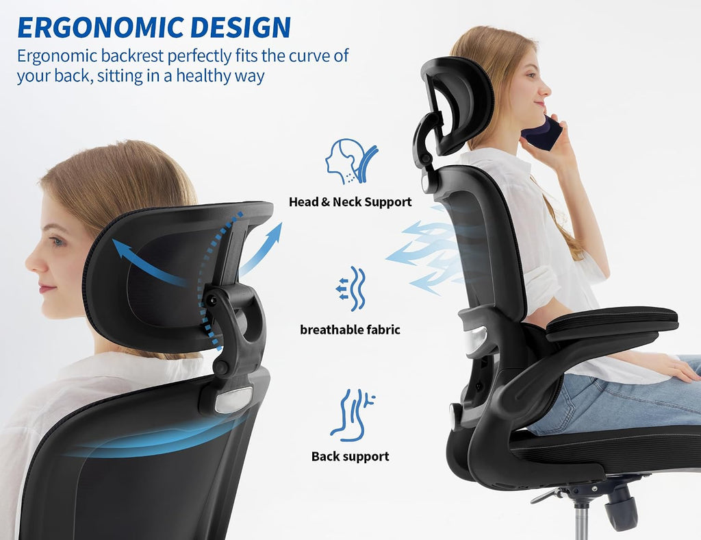 TRALT Ergonomic Office Chair - Desk Chair with Adjustable Headrest Lumbar Support Computer Chair - Mesh Comfy Chair with Flip-up Armrests - Gaming Chair for Adults Home Office PU, Black, Pack of 8