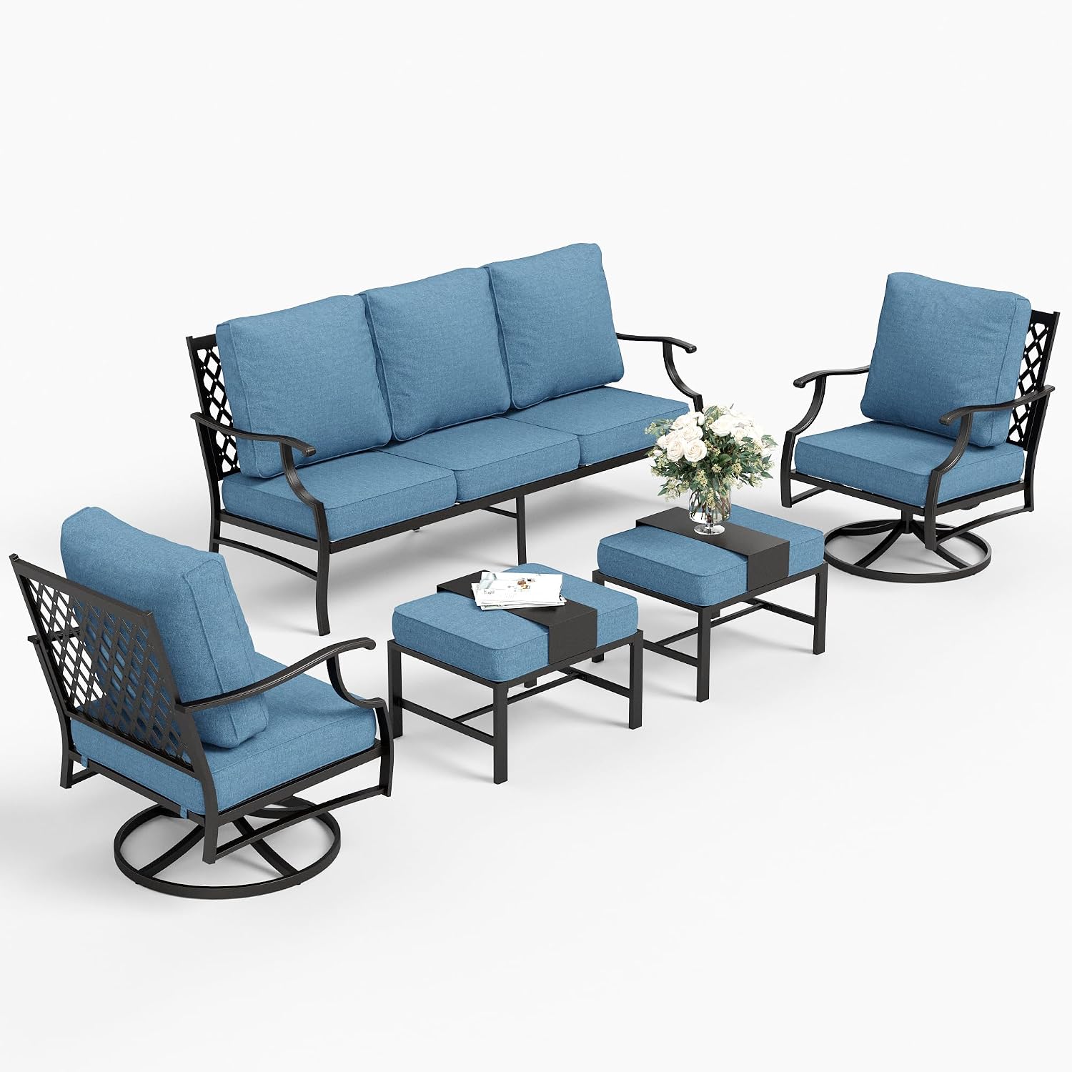 SUNSHINE VALLEY 5 Piece Metal Outdoor Patio Furniture Set, Patio Conversation Sets 1 3-seater Sofa, 2 Swivel Chairs, 2 Ottomans with 5.75' Thick Cushion, Black All-weather Backyard Furniture Set, Navy