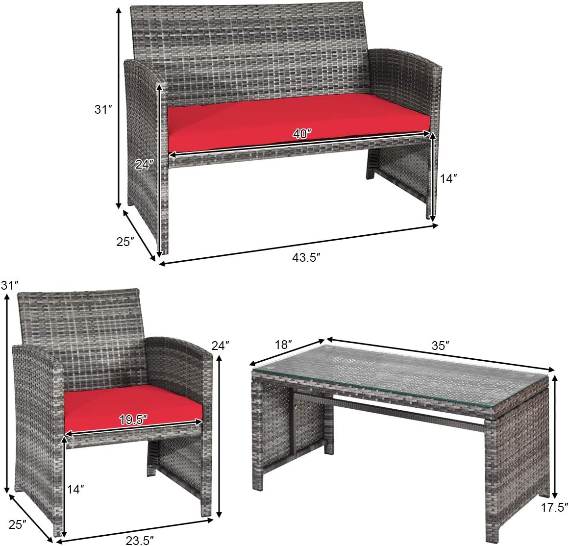 COSTWAY Patio Furniture Set 4 Pieces, Outdoor Wicker Chairs Sofa w/Coffee Table and Soft Cushions, Rattan Conversation Sets for Patio Lawn Backyard Yard Pool Garden, Red