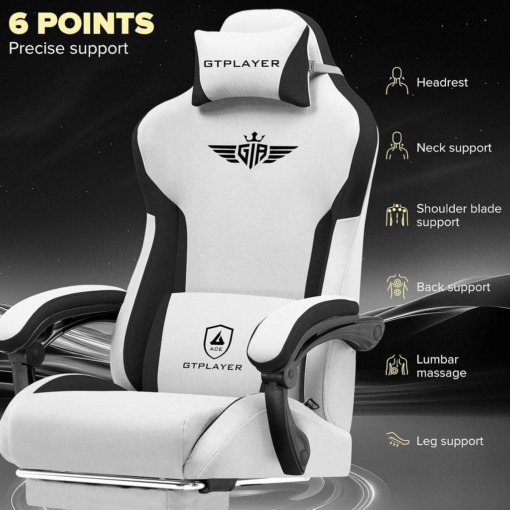 GTPLAYER Gaming Chair, Computer Office Chair Lumbar Support, Linkage Armrests and Footrest, Ergonomic Game Chair for Adults with Extended Backrest, Fabric, Grey