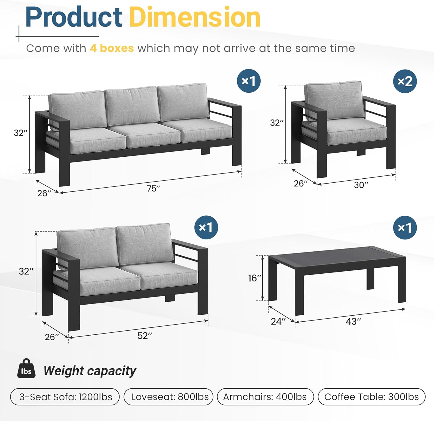 Solaste Aluminum Patio Furniture Set for All Weather, Oversized Metal Outdoor Furniture with 27.5' Deep Seating and 3.2' Wide Armrest, Patio Conversation Set with 10'' Back Cushion, Black and Grey