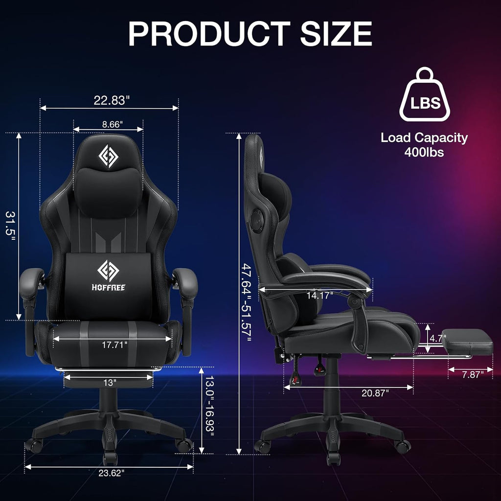 HOFFREE Gaming Chair with Music Rhythm RGB LED Lights and Bluetooth Speakers Ergonomic Massage Computer Gaming Chair with Footrest Video Game Chair High Back with Lumbar Support Grey and Black