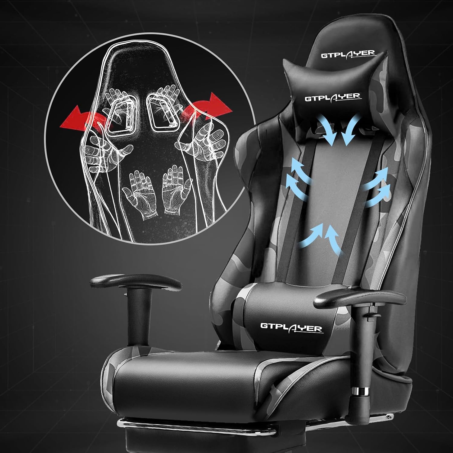 GTPLAYER Gaming Chair with Footrest, Ergonomic Computer Game Desk Chair, Recline Gaming Chair Seat Height Adjustment, Swivel Rocker with Headrest and Lumbar (Camouflage)