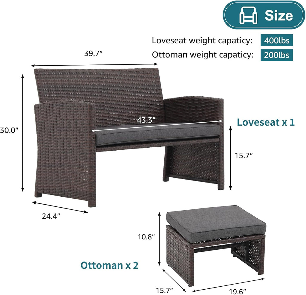 OC Orange-Casual Outdoor Loveseat 3 Piece Patio Furniture Set Outdoor Conversation Set All-Weather Wicker Love Seat with Ottoman/Side Table, Brown Rattan, Dark Grey