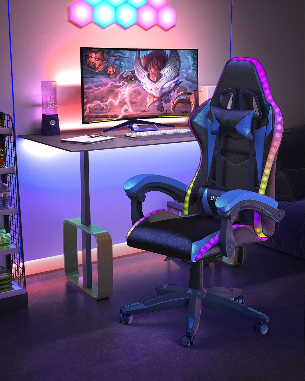 Racingreat Gaming Chair with RGB LED Lights, Ergonomic Computer Chair with Headrest and Lumbar Support, PU Leather High Back Height Adjustable Swivel Video Game Chairs for Adults(Blue)