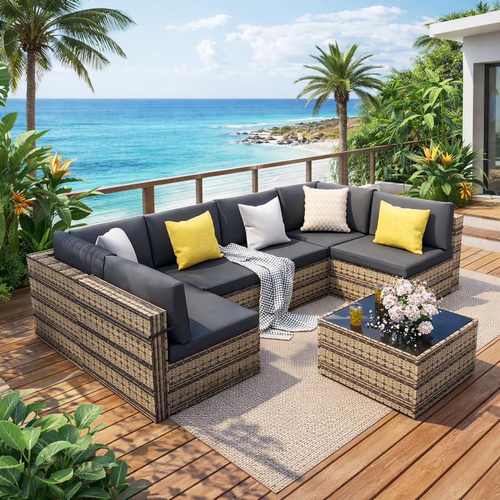 Pamapic 7 Piece Outdoor Sectional Sofa Set, All-Weather Patio Furniture with Washable Cushions, Waterproof Gray Rattan Wicker Conversation Set for Backyard, Poolside, Garden (Black Cushions)