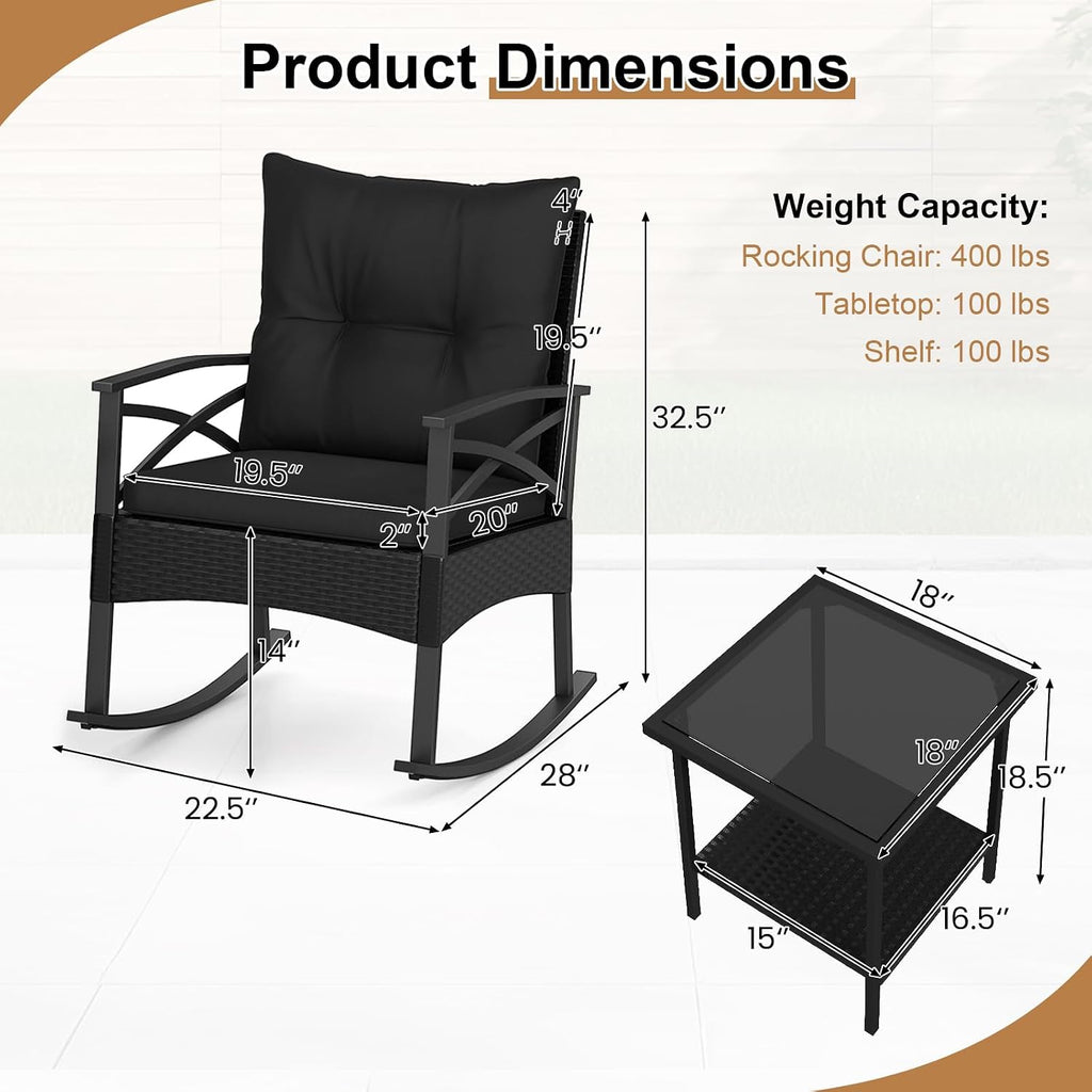 Tangkula 3 Pieces Outdoor Rocking Chairs Set, Rattan Heavy Duty Cushioned Rocker Chairs with 2-Tier Tempered Glass Coffee Table, for Garden, Balcony, Backyard (Black+Gray)