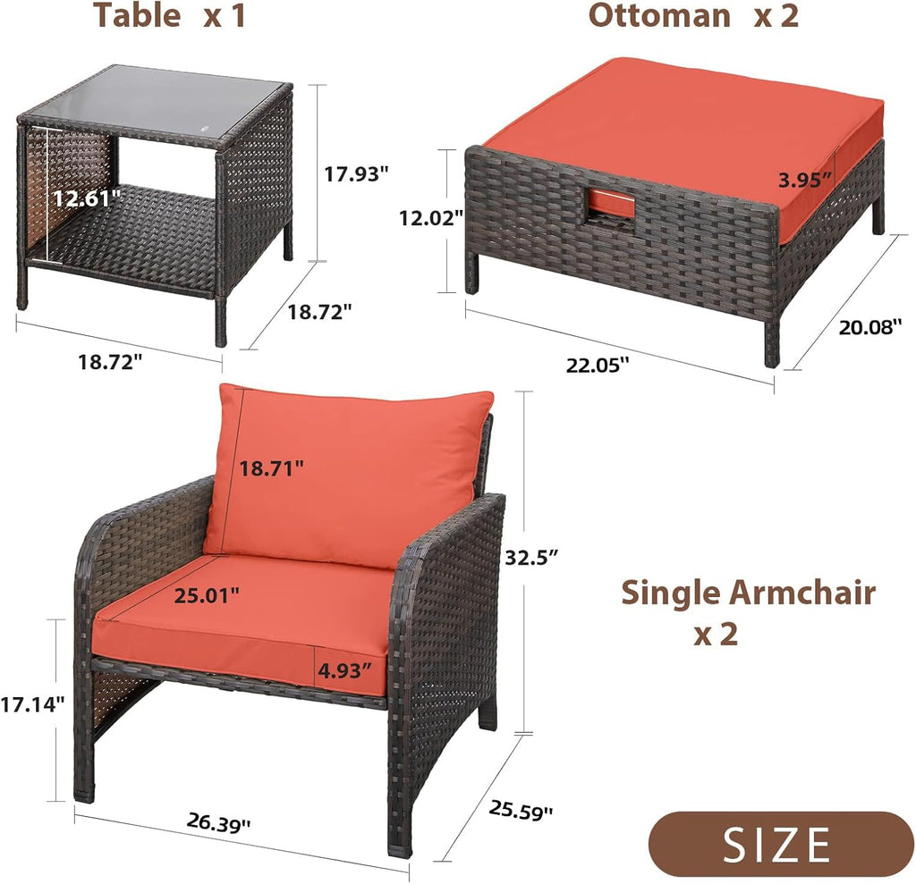 LEVELEVE Balcony Furniture 5 Piece Patio Conversation Set, PE Wicker Rattan Outdoor Lounge Chairs with Soft Cushions 2 Ottoman&Glass Table for Porch, Lawn-Brown Wicker
