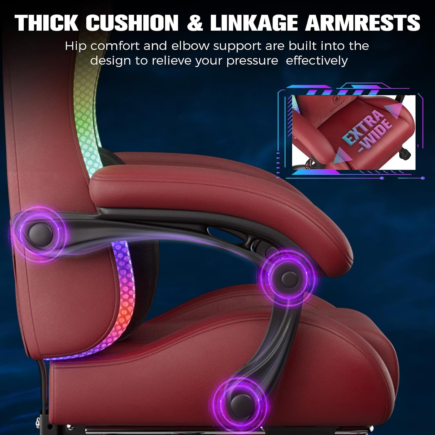 GTPLAYER Gaming Chair, Computer Chair with RGB LED Lights, High Back Ergonomic Chair for Adults with Footrest, Reclining Office Chairs, Linkage Armrest, Wine Red