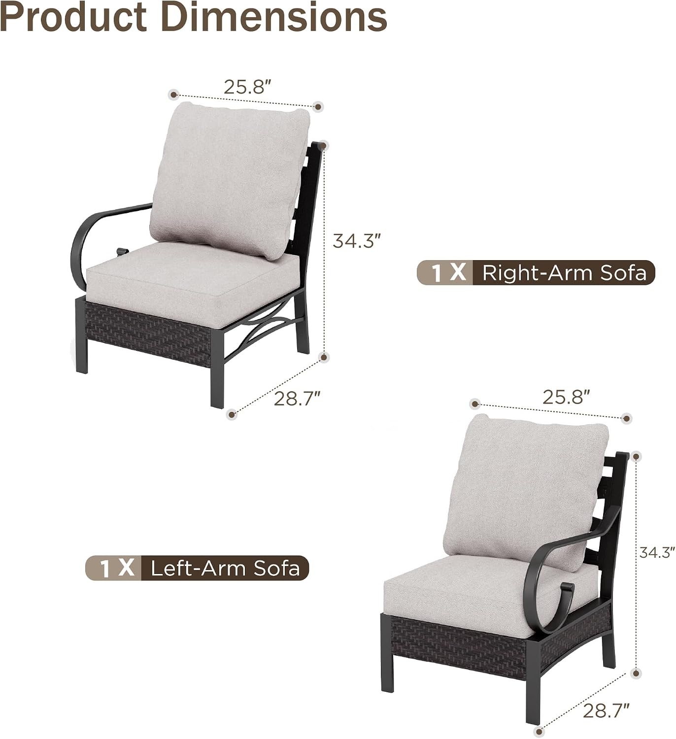 PHI VILLA Patio Sofa Outdoor Furniture, All-Weather Rattan & Metal 2 Seater Sofa with Cushions & Lumbar Pillows, Arm Lounge Loveseat for Patio, Balcony, Backyard, Deck, Poolside