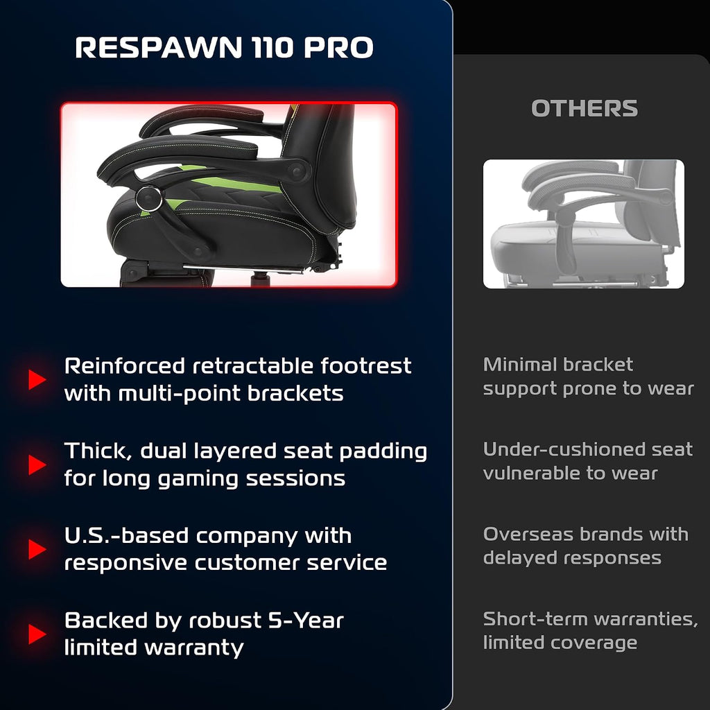 Respawn 110 Pro Ergonomic Gaming Chair with Footrest for Adults - Comfortable Office Gaming Recliner with Lumbar Support and Headrest, Racing Style Video Game Chairs for Computer Gamer - Green