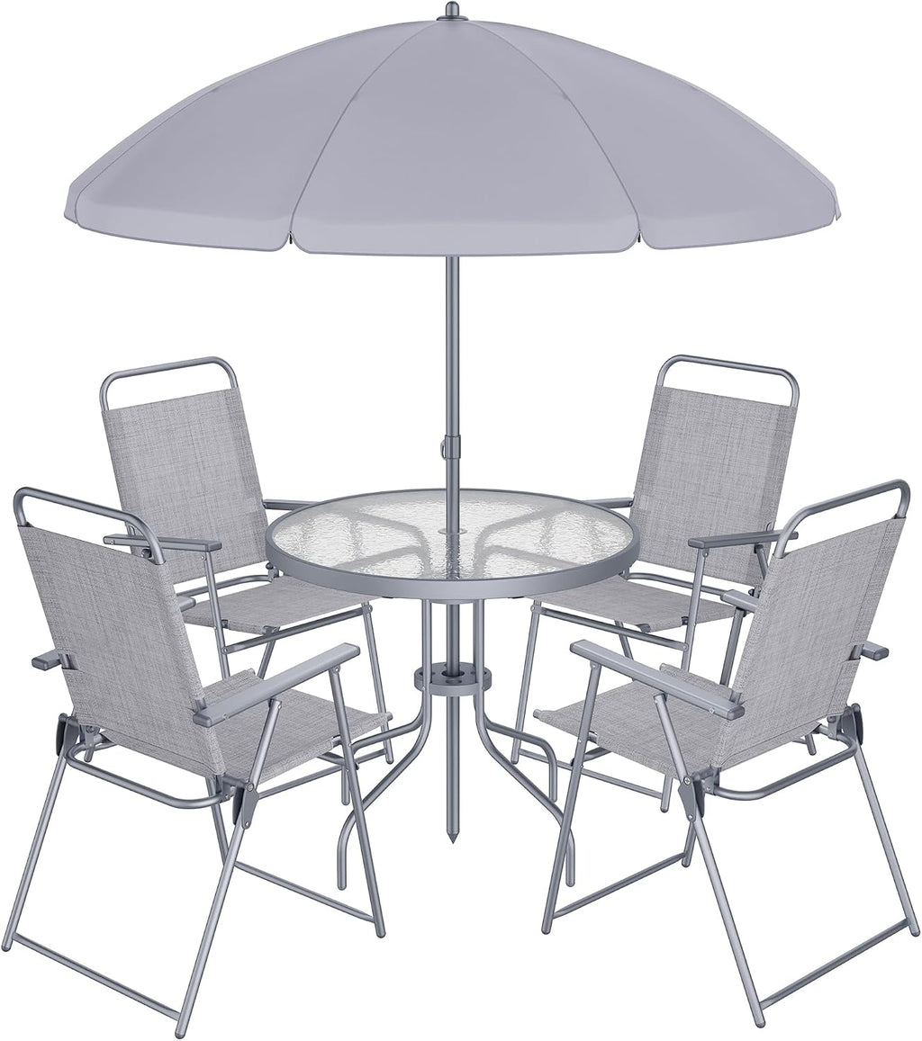 Shintenchi 6 Piece Patio Dining Set with Umbrella, Outdoor Furniture Set with 4 Folding Chairs and Tempered Glass Top Dining Table fot Lawn Backyard Garden Porch, Silver