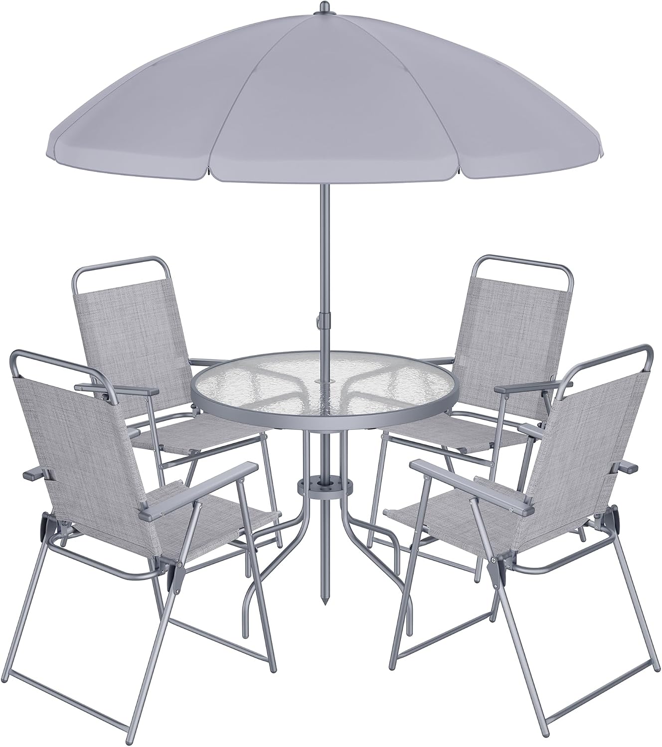 Shintenchi 6 Piece Patio Dining Set with Umbrella, Outdoor Furniture Set with 4 Folding Chairs and Tempered Glass Top Dining Table fot Lawn Backyard Garden Porch, Silver