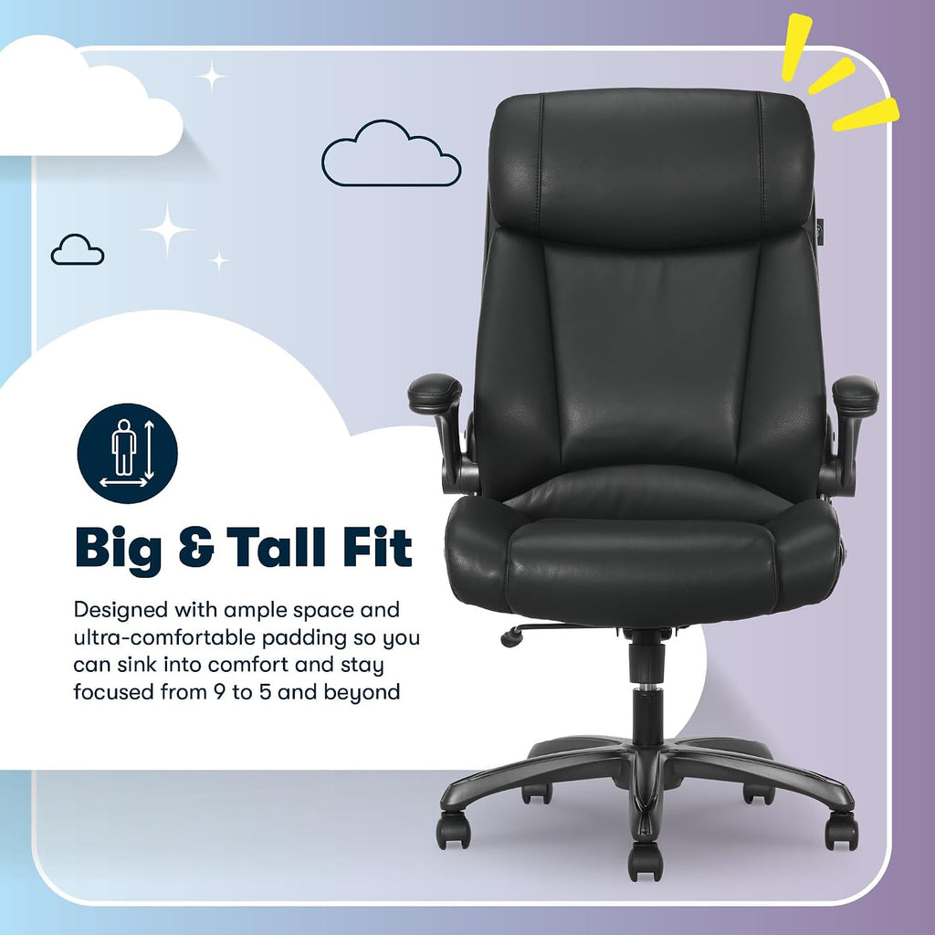 Serta Torrington Big & Tall Office Chair, with Flip-Up Padded Armrests, Ultra-Comfortable ComfortCoils Seat Cushion Technology, Modern Executive Premium PU Desk Chair, Black