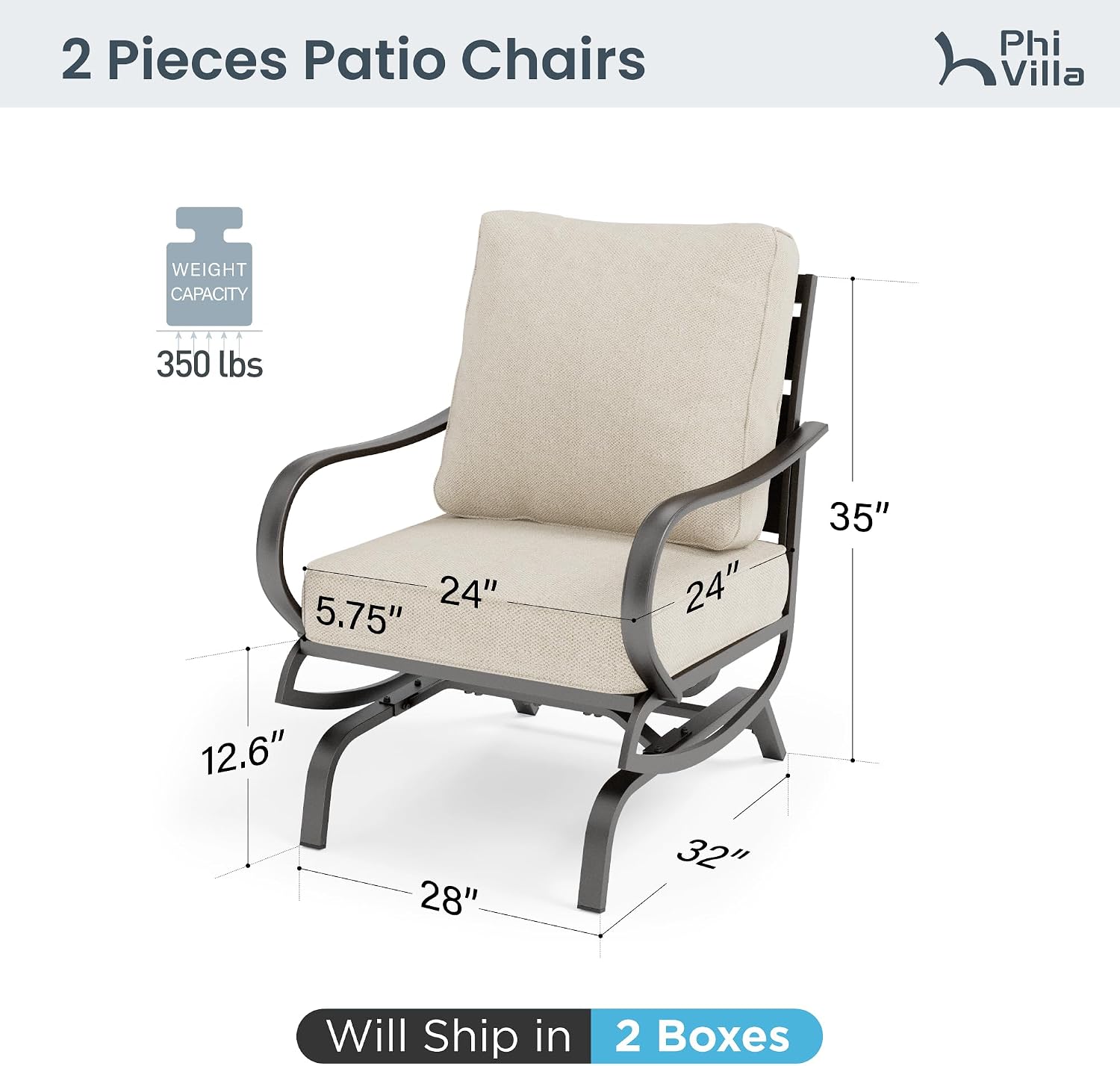 PHI VILLA Patio Conversation Set for 2, Deluxe Outdoor Patio Set with 2 C-Base Padded Sofa Chair