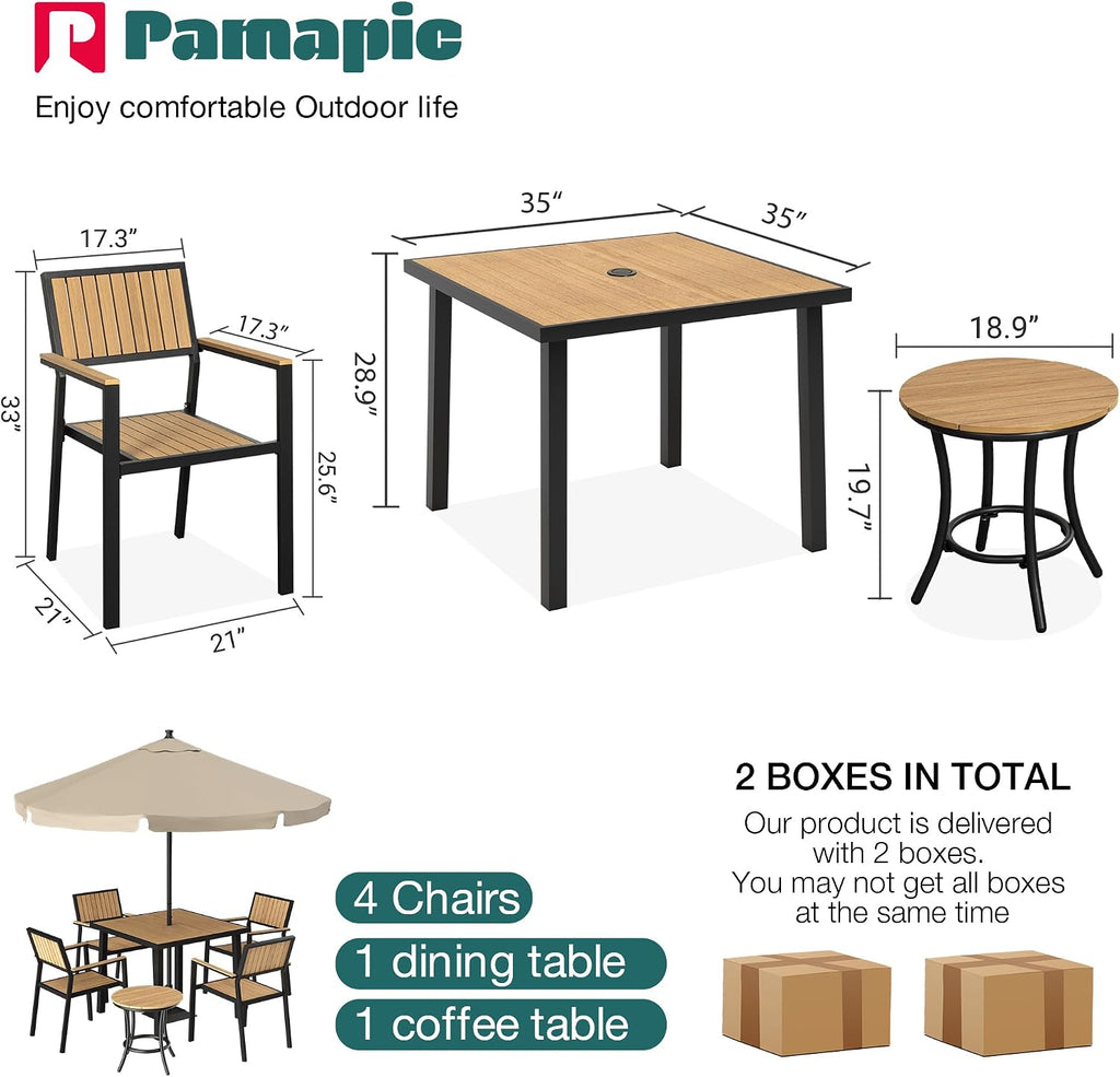 Pamapic 6-Piece Patio Dining Set，Outdoor Aluminum Furniture Set with Plastic-Wood Table Top,Outdoor Furniture Set with 4 Outdoor Stackable Chairs for Patio Garden Poolside (Teak)