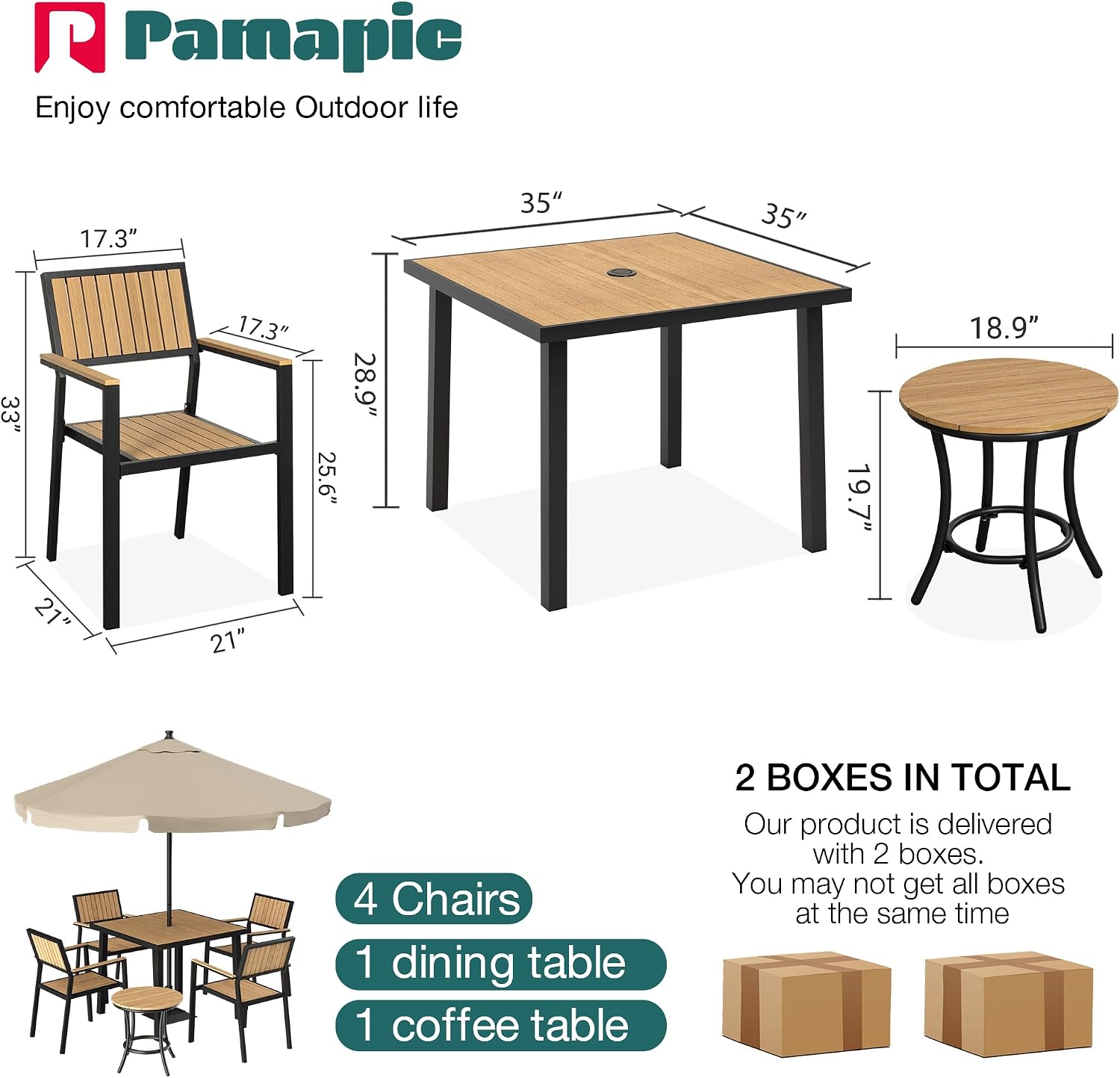 Pamapic 6-Piece Patio Dining Set，Outdoor Aluminum Furniture Set with Plastic-Wood Table Top,Outdoor Furniture Set with 4 Outdoor Stackable Chairs for Patio Garden Poolside (Teak)