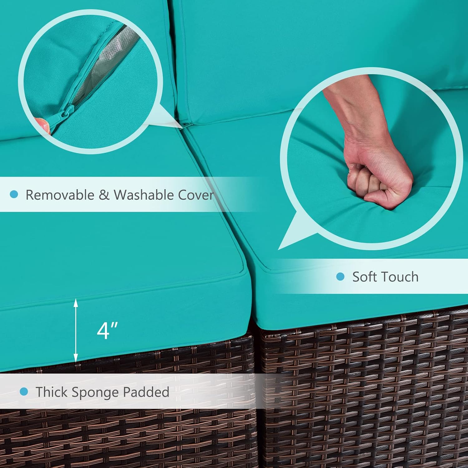 COSTWAY 6-Piece Outdoor Patio Furniture Set, Rattan Sectional Sofa Set with Tempered Glass Coffee Table and Cushions for Garden, Deck, Backyard (Turquoise)