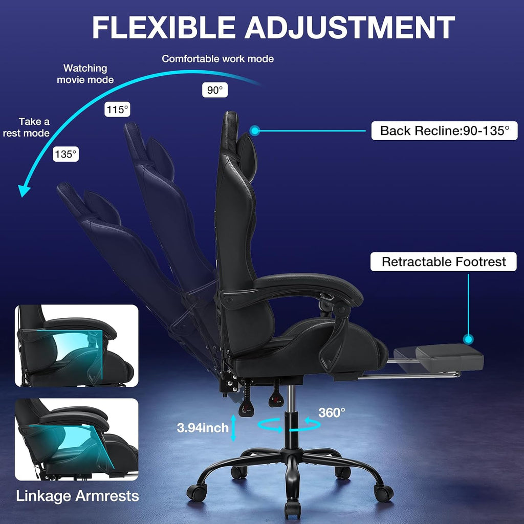 RGB Gaming Chair Massage with LED Lights and Ergonomic Computer Gaming Chair with Footrest High Back Video Game Chairs with Adjustable Lumbar Support Grey and Black