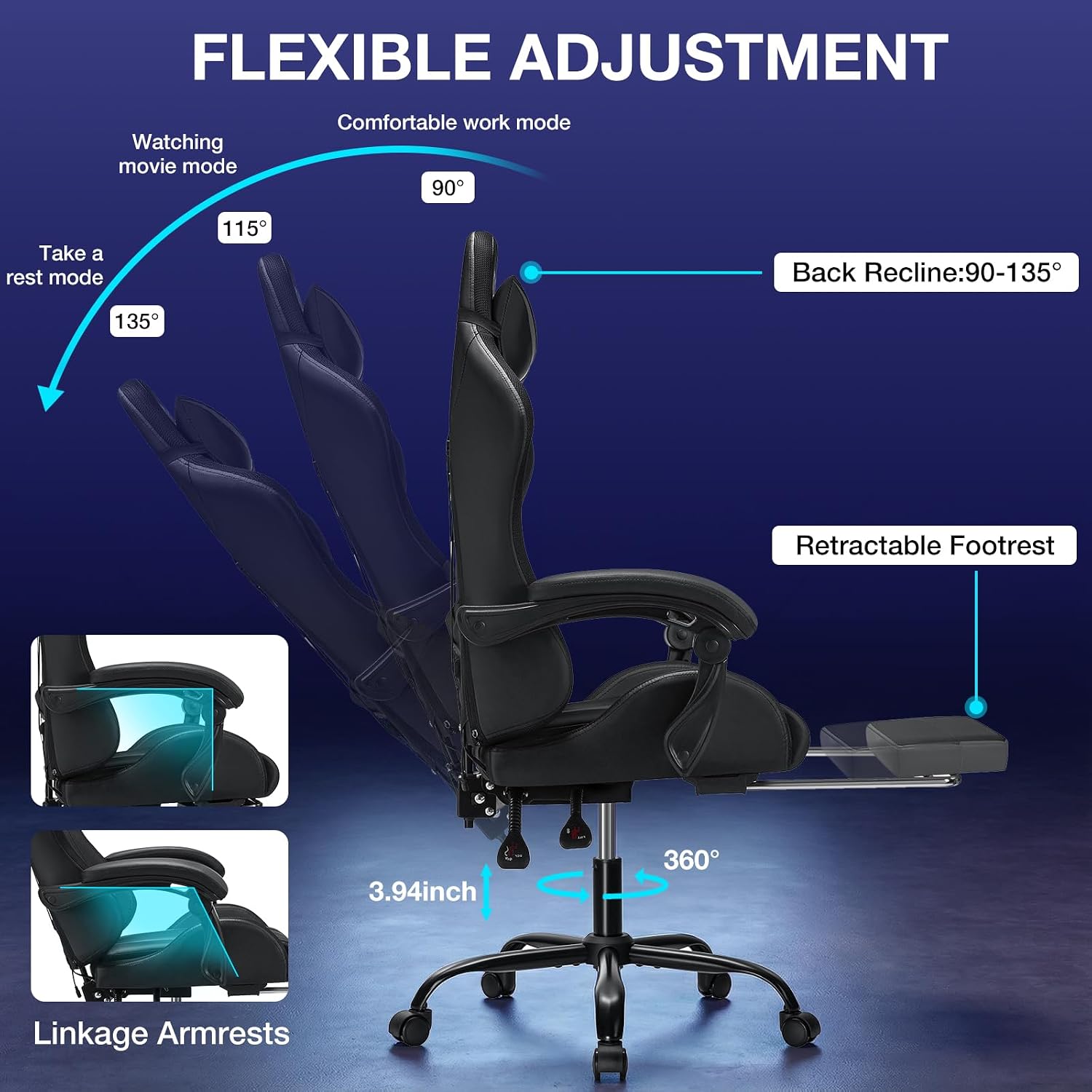 RGB Gaming Chair Massage with LED Lights and Ergonomic Computer Gaming Chair with Footrest High Back Video Game Chairs with Adjustable Lumbar Support Grey and Black