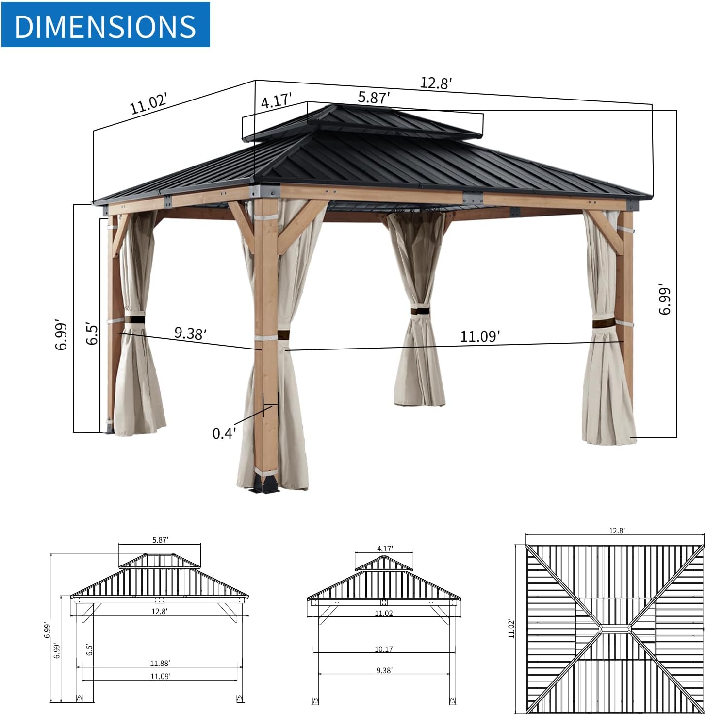 FAB BASED 10x12FT Hardtop Wood Gazebo, Natural Solid Cedar Frame Gazebo with 2-Tier Vented Roof, Outdoor Metal Canopy Pavilion with Netting & Curtains for Deck, Garden, Backyard, Lawn