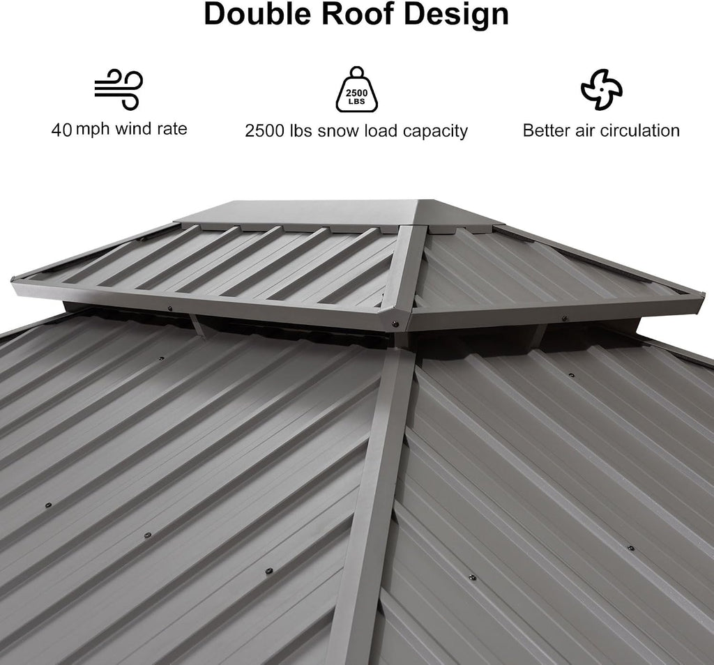 PURPLE LEAF 10' X 12' Outdoor Hardtop Gazebo with Galvanized Steel Double Roof Aluminum Frames Heavy Duty Permanent Pavilion Gazebo for Patio Deck Garden,Netting and Curtains Included, Light Grey