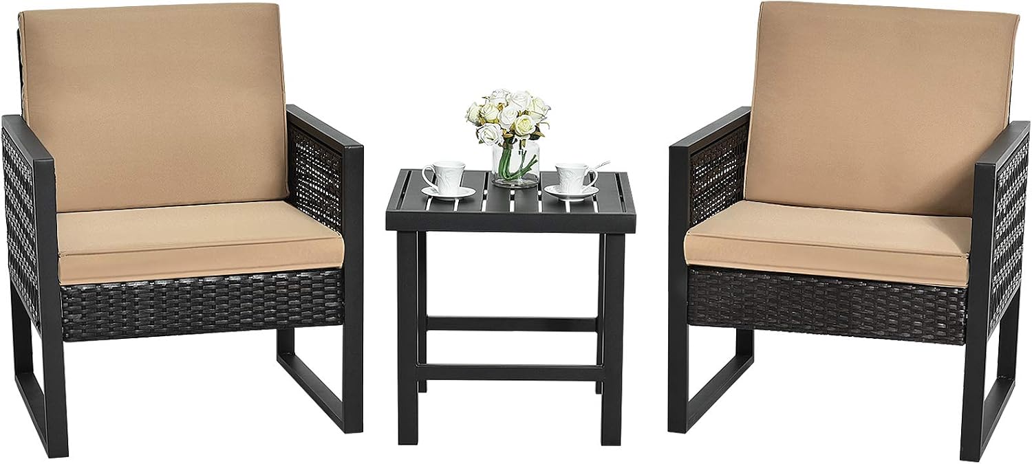 Tangkula 3 Piece Patio Wicker Bistro Set, Outdoor Rattan Sofa, Conversation Furniture w/Coffee Table, Seat and Back Cushions, Garden, Backyard, Balcony, Poolside