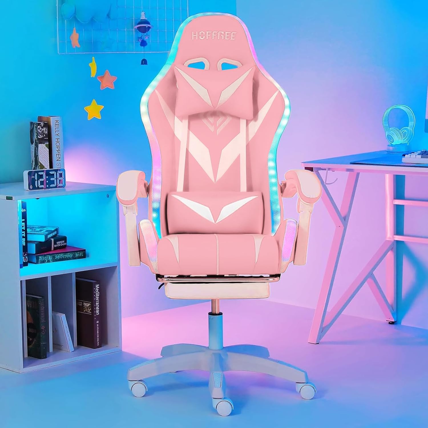 HOFFREE Gaming Chair with LED RGB Lights Massage Ergonomic Video Game Chairs with Footrest High Back Reclining Computer Chair with Adjustable Lumbar Support Pink and White