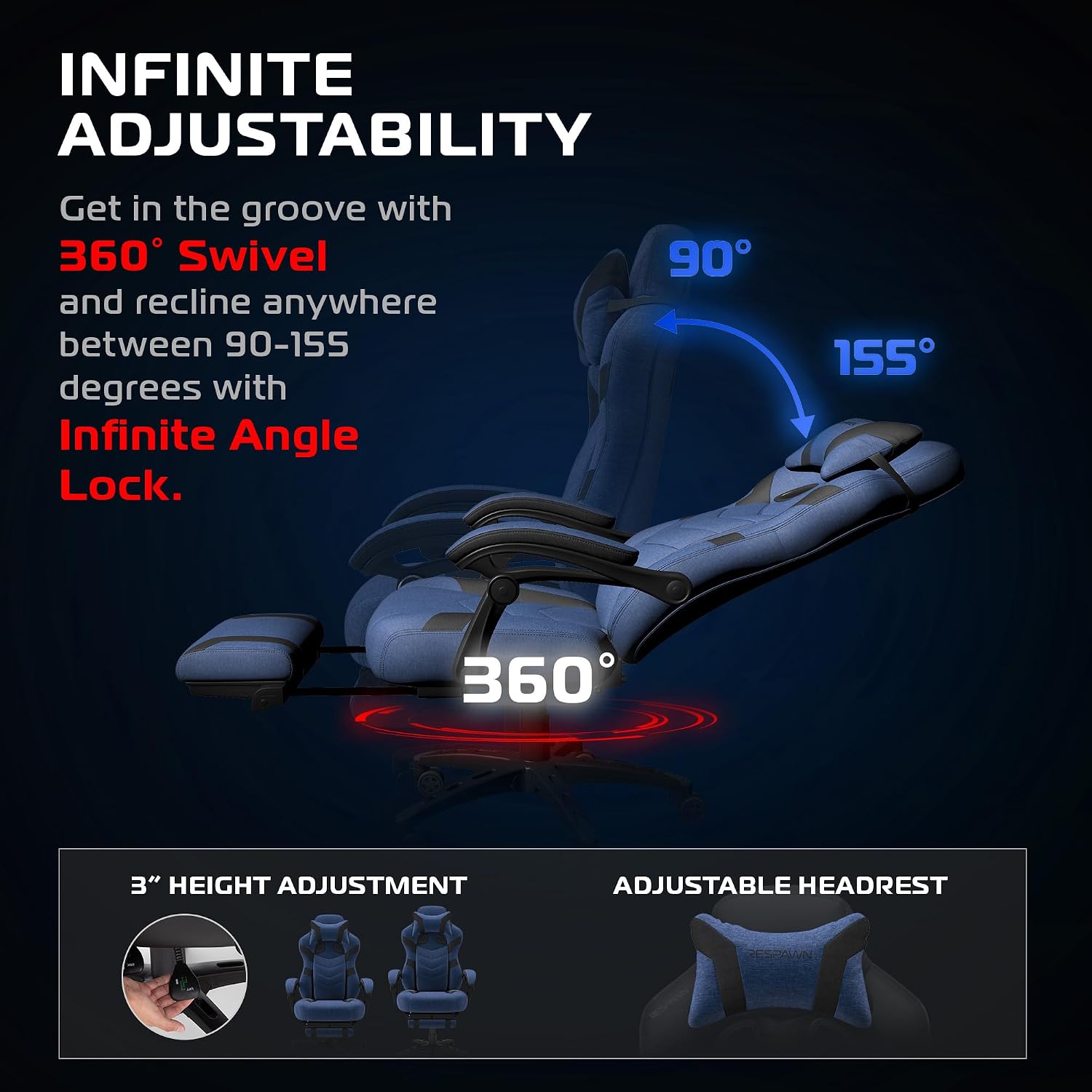 Respawn 110 Pro Ergonomic Gaming Chair with Footrest for Adults - Comfortable Office Gaming Recliner with Lumbar Support and Headrest, Racing Style Video Game Chairs for Computer Gamer - Blue Fabric