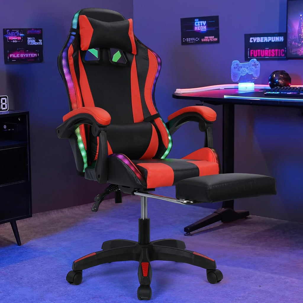 Gaming Chair with Bluetooth Speakers and RGB LED Lights, High Back Video Game Massage Chair 360° Swivel Height Adjustable Recliner with Footrest & Headrest Lumbar Support Pillows (Black & Red)