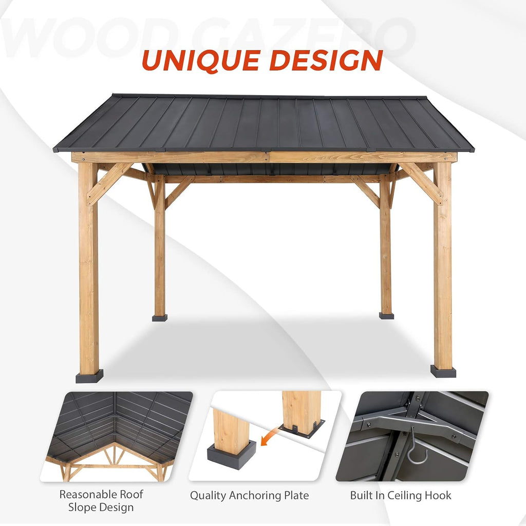 EAGLE PEAK 11x13 Hardtop Gazebo, Exposed Beam A-Frame Gazebo, Galvanized Steel Gable Roof with Cedar Wood Frame, Outdoor Pavilion for Patio, Deck, Lawn and Garden, Natural Wood/Black