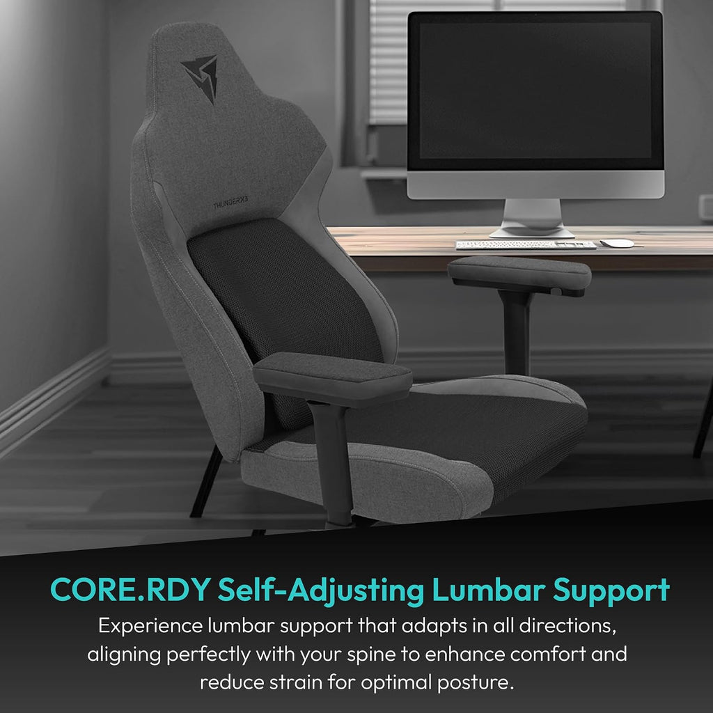ThunderX3 CORE Smart MESH Gaming Chair Black & Dark Grey – Ergonomic Office Chair, Automatic Lumbar Support, Synchronised Mechanism, 3D Armrests, Fabric Cover, for Users up to 125kg, 155-190cm