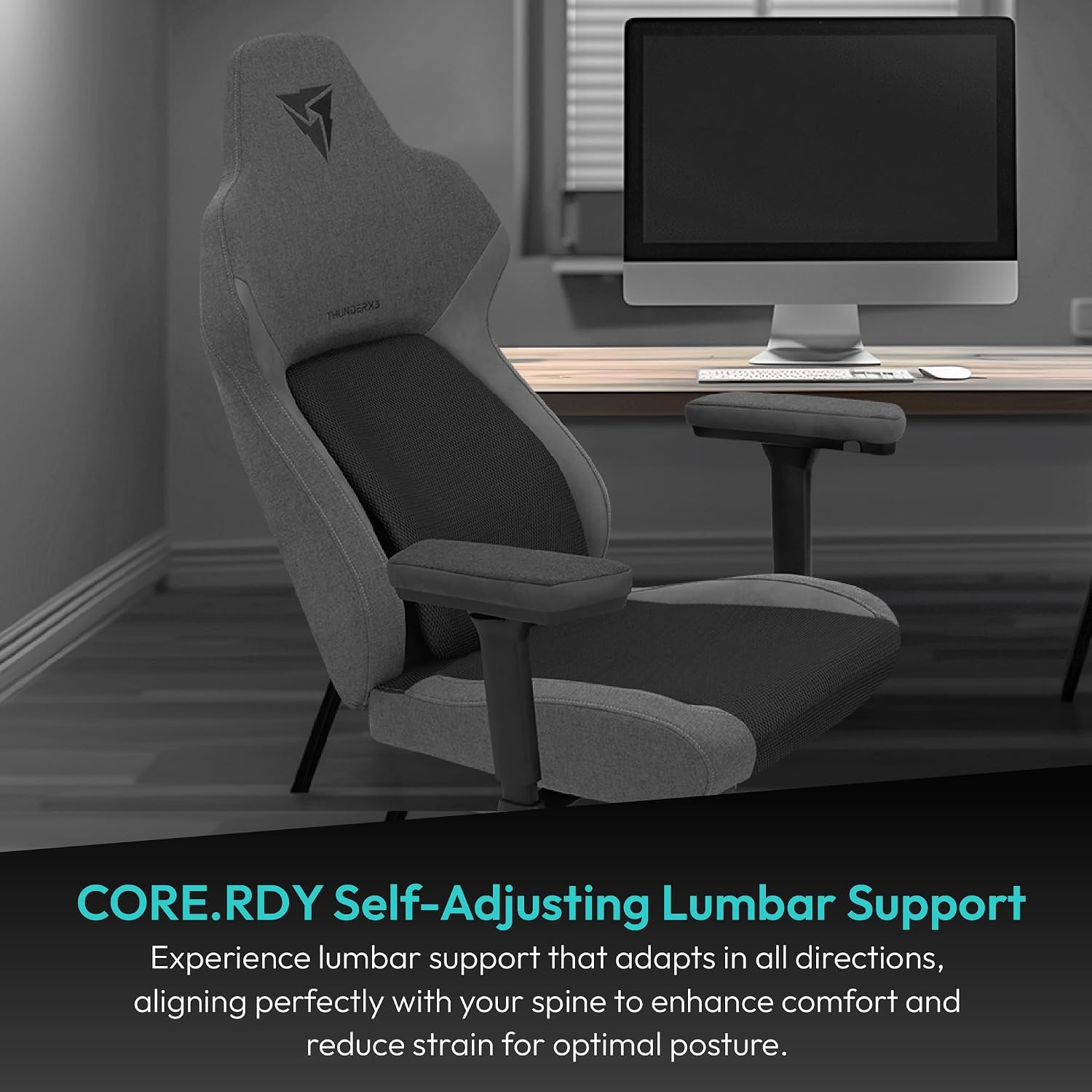 ThunderX3 CORE Smart MESH Gaming Chair Black & Dark Grey – Ergonomic Office Chair, Automatic Lumbar Support, Synchronised Mechanism, 3D Armrests, Fabric Cover, for Users up to 125kg, 155-190cm