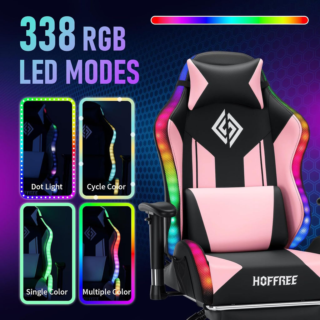 HOFFREE RGB LED Gaming Chair for Kids Reclining Gaming Chairs for Teens 8-15 Computer Chair with RGB Lights Kids PC Game Chair with Footrest and Lumbar Support Video Game Chairs Pink and Black