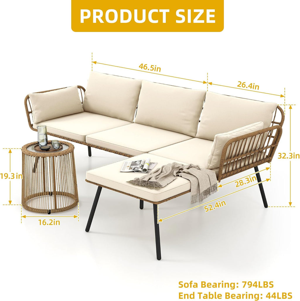DWVO Patio Furniture Set 3 Piece Outdoor Wicker Conversation Set with Detachable Cushions and Coffee Table L-Shaped Sectional Sofa Set Outdoor Furniture Set for Backyard Porch Deck - Beige