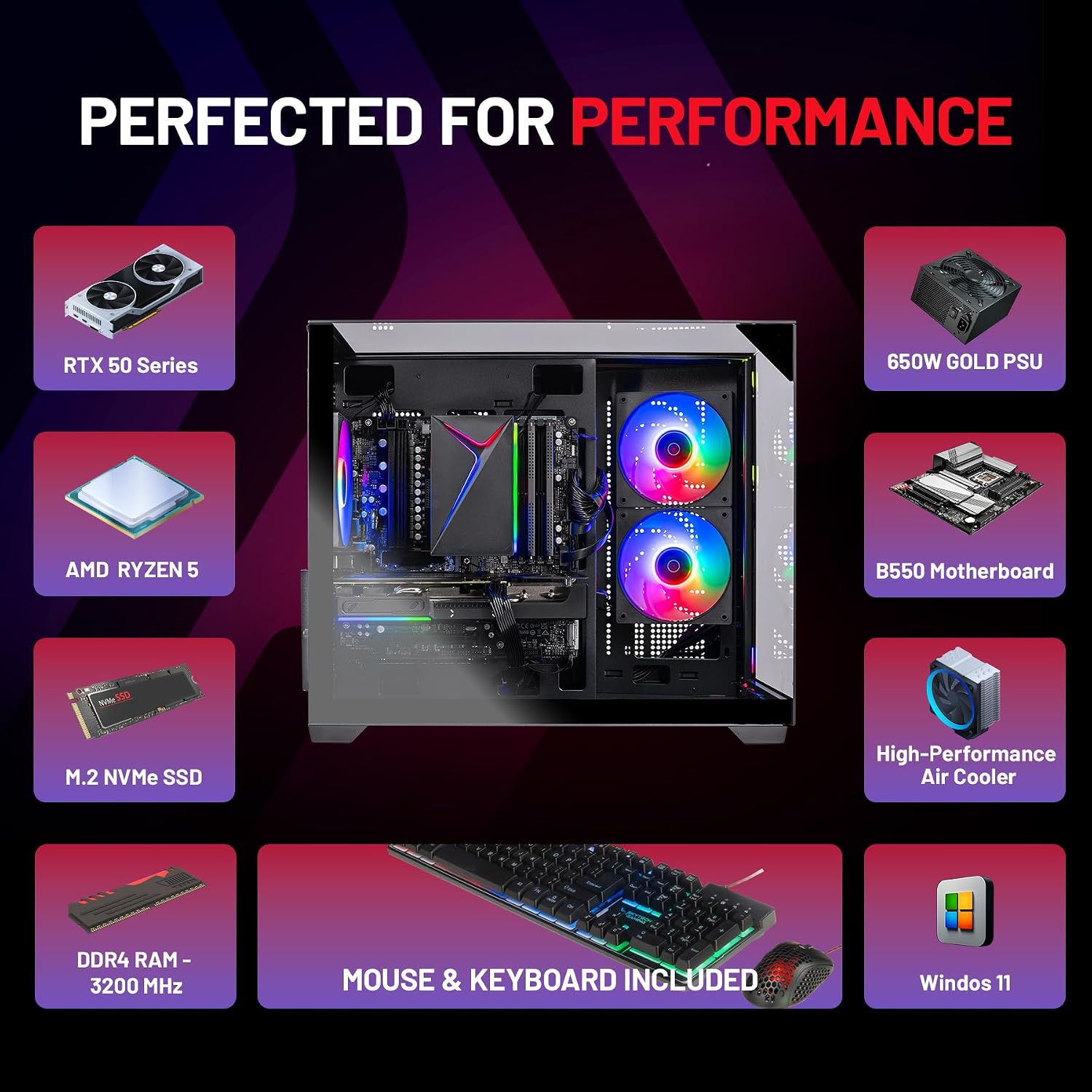 Skytech Gaming Crystal Gaming PC, AMD Ryzen 5 5500 3.6GHz, NVIDIA RTX 5060, 1TB NVMe SSD, 16GB DDR4 RAM 3200, 650W Gold PSU, Wi-Fi, Win 11, Gaming Desktop
