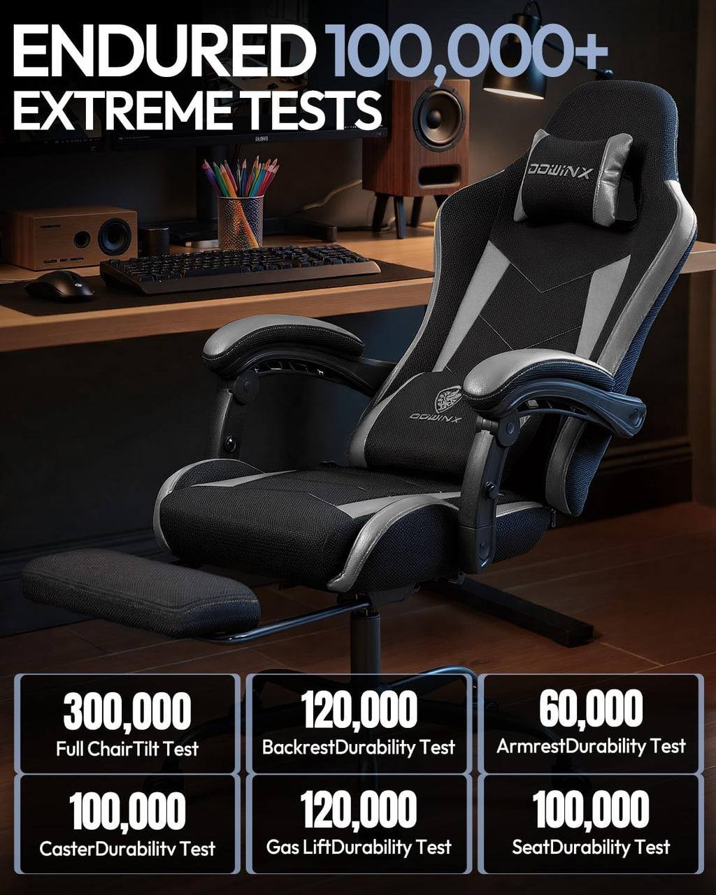 Gaming Chair with Footrest, Ergonomic 330lbs Leather Mesh Chair, Massage Lumbar Support, Adjustable Height & Headrest Pillow, Breathable Seat for Office, Home, Streaming, Long Gaming Sessions, Onyx